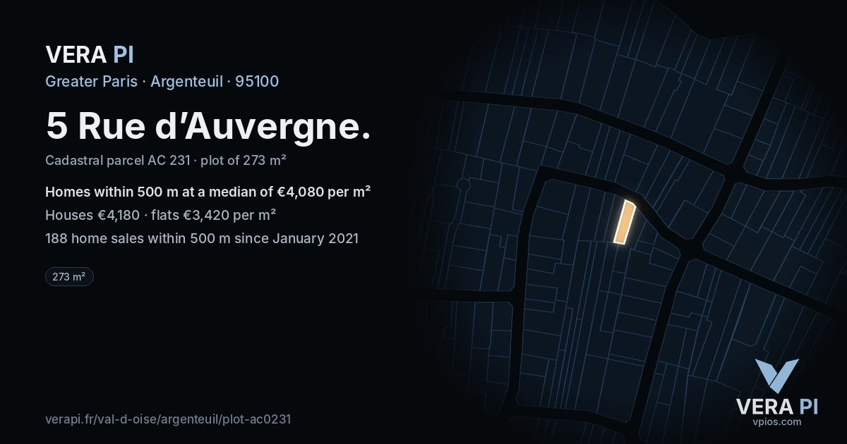 5 Rue d’Auvergne, Argenteuil at night – the plot lit, the parcels around coloured by the prices near them