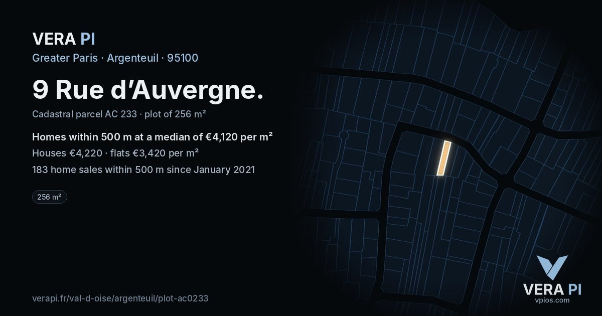 9 Rue d’Auvergne, Argenteuil at night – the plot lit, the parcels around coloured by the prices near them