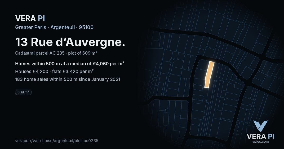 13 Rue d’Auvergne, Argenteuil at night – the plot lit, the parcels around coloured by the prices near them