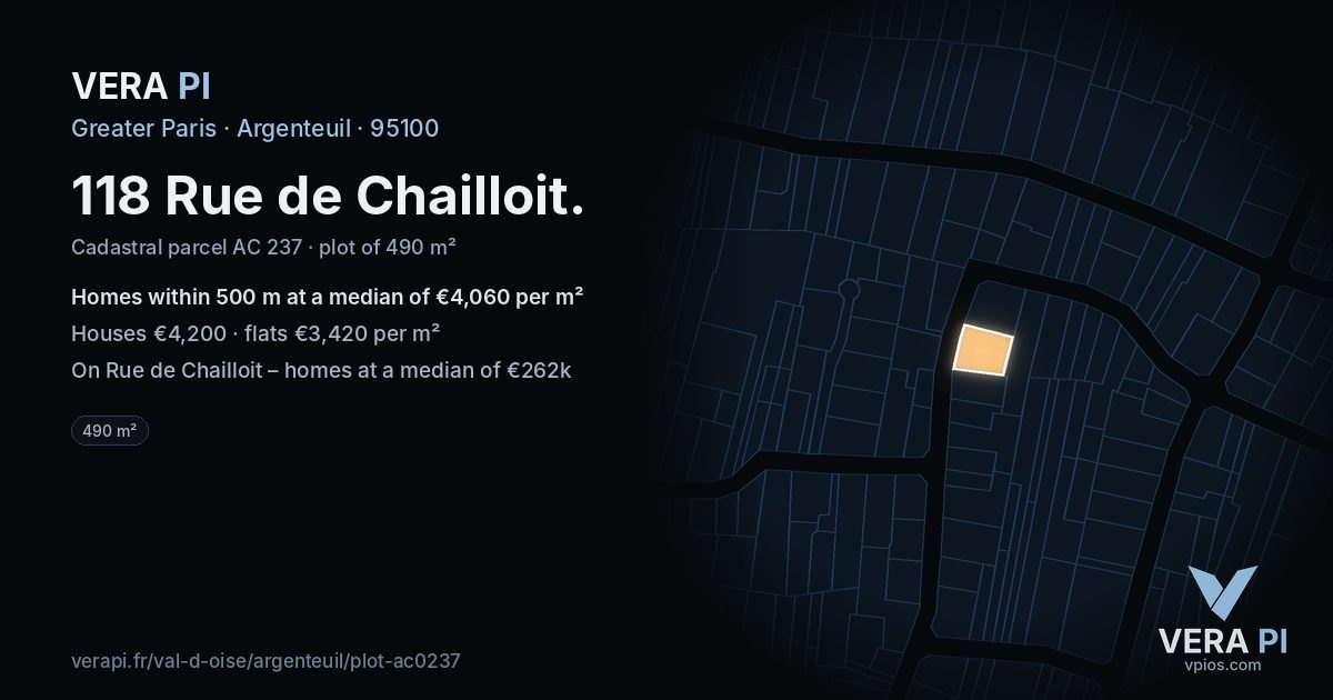 118 Rue de Chailloit, Argenteuil at night – the plot lit, the parcels around coloured by the prices near them