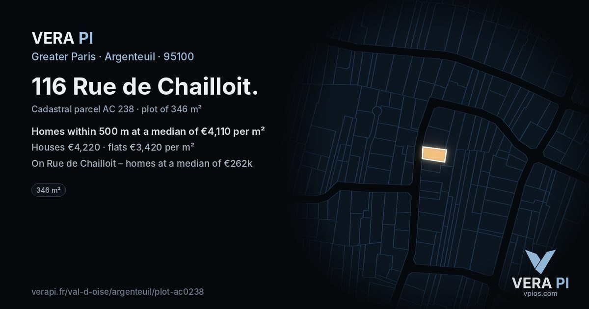 116 Rue de Chailloit, Argenteuil at night – the plot lit, the parcels around coloured by the prices near them