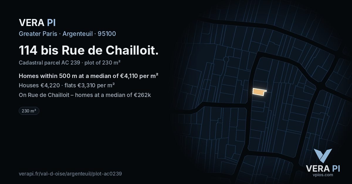 114 bis Rue de Chailloit, Argenteuil at night – the plot lit, the parcels around coloured by the prices near them