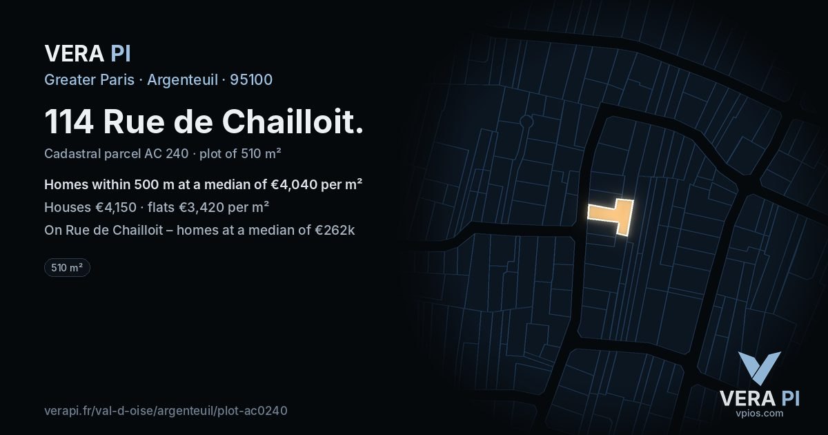 114 Rue de Chailloit, Argenteuil at night – the plot lit, the parcels around coloured by the prices near them