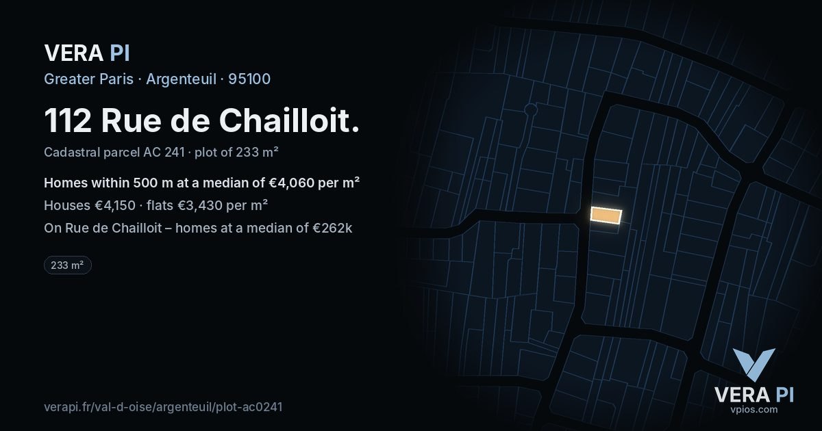 112 Rue de Chailloit, Argenteuil at night – the plot lit, the parcels around coloured by the prices near them