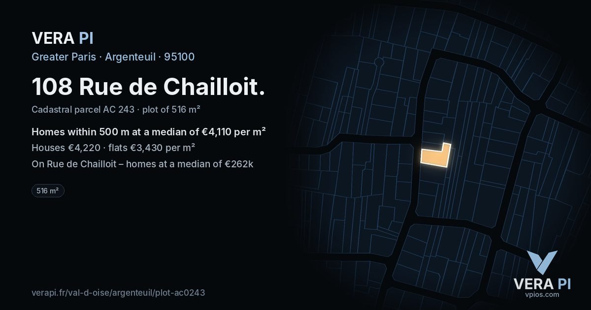 108 Rue de Chailloit, Argenteuil at night – the plot lit, the parcels around coloured by the prices near them