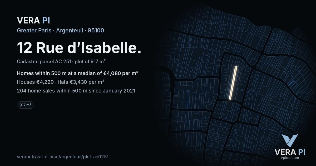 12 Rue d’Isabelle, Argenteuil at night – the plot lit, the parcels around coloured by the prices near them