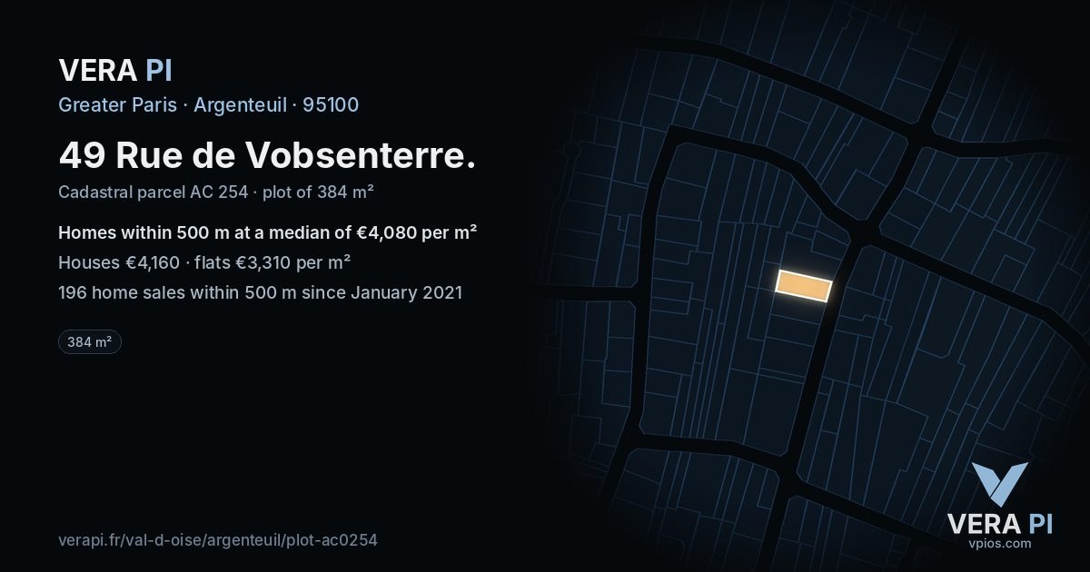 49 Rue de Vobsenterre, Argenteuil at night – the plot lit, the parcels around coloured by the prices near them