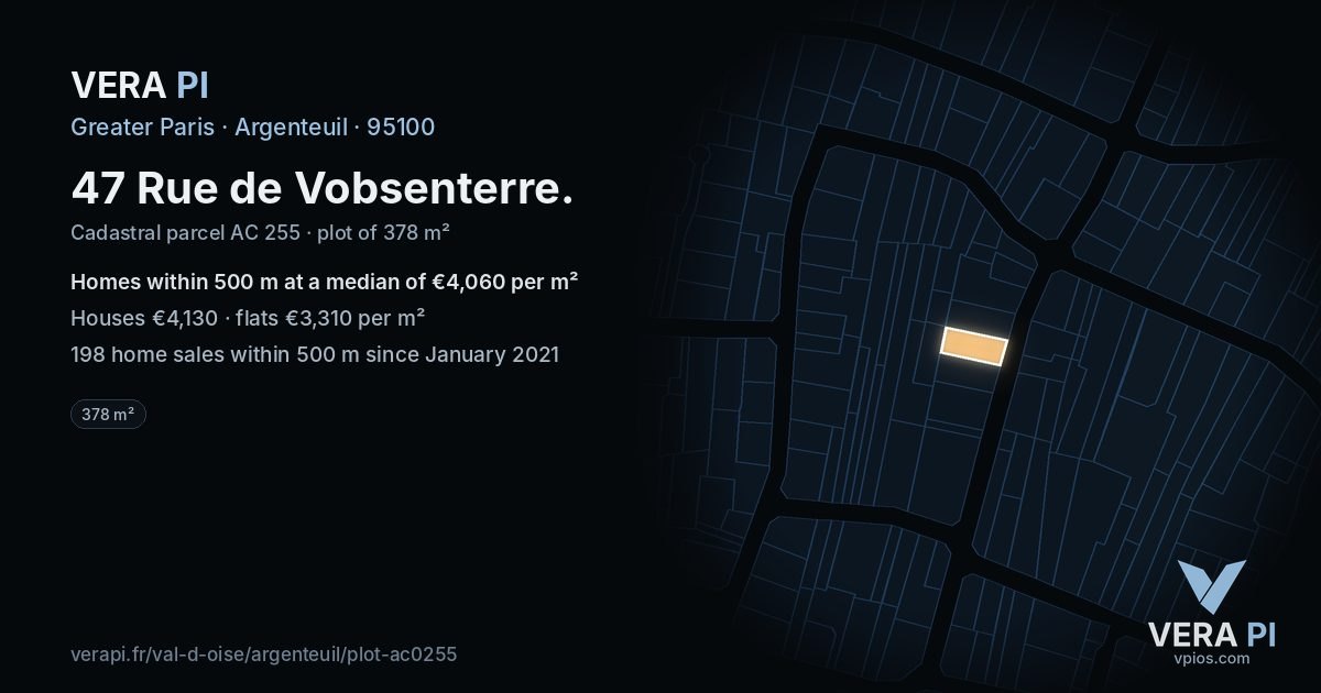 47 Rue de Vobsenterre, Argenteuil at night – the plot lit, the parcels around coloured by the prices near them