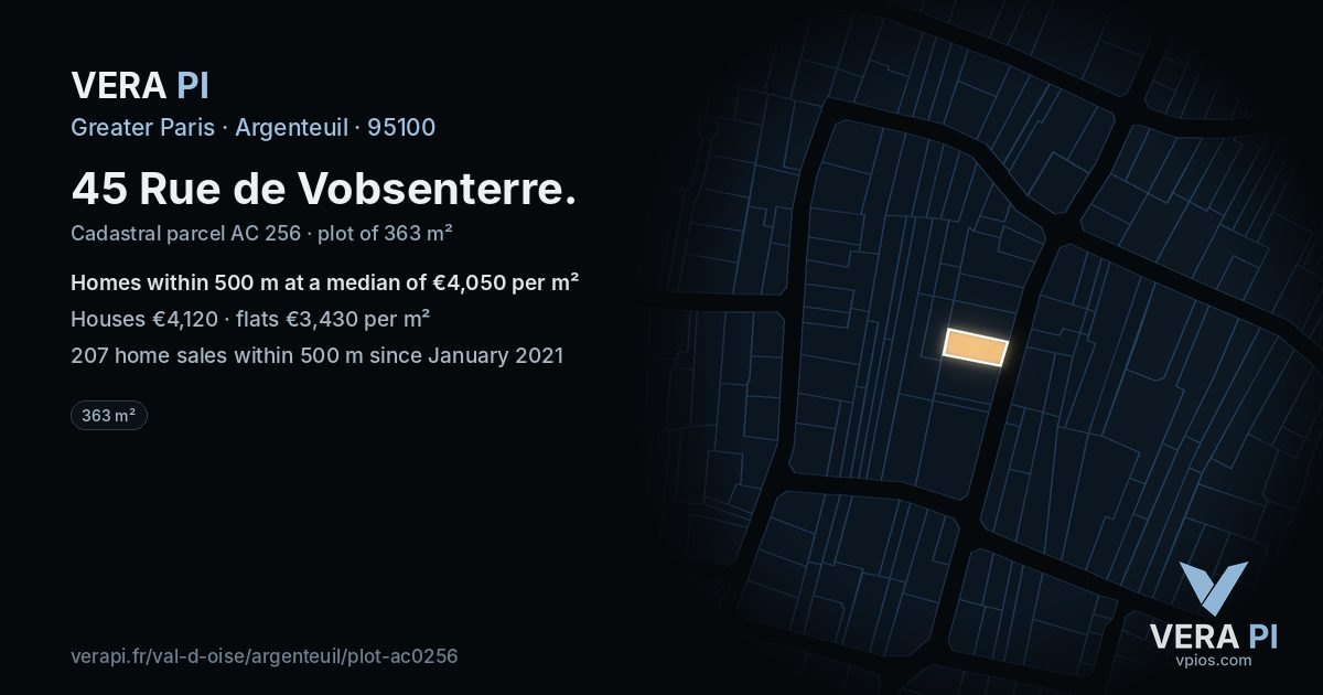 45 Rue de Vobsenterre, Argenteuil at night – the plot lit, the parcels around coloured by the prices near them
