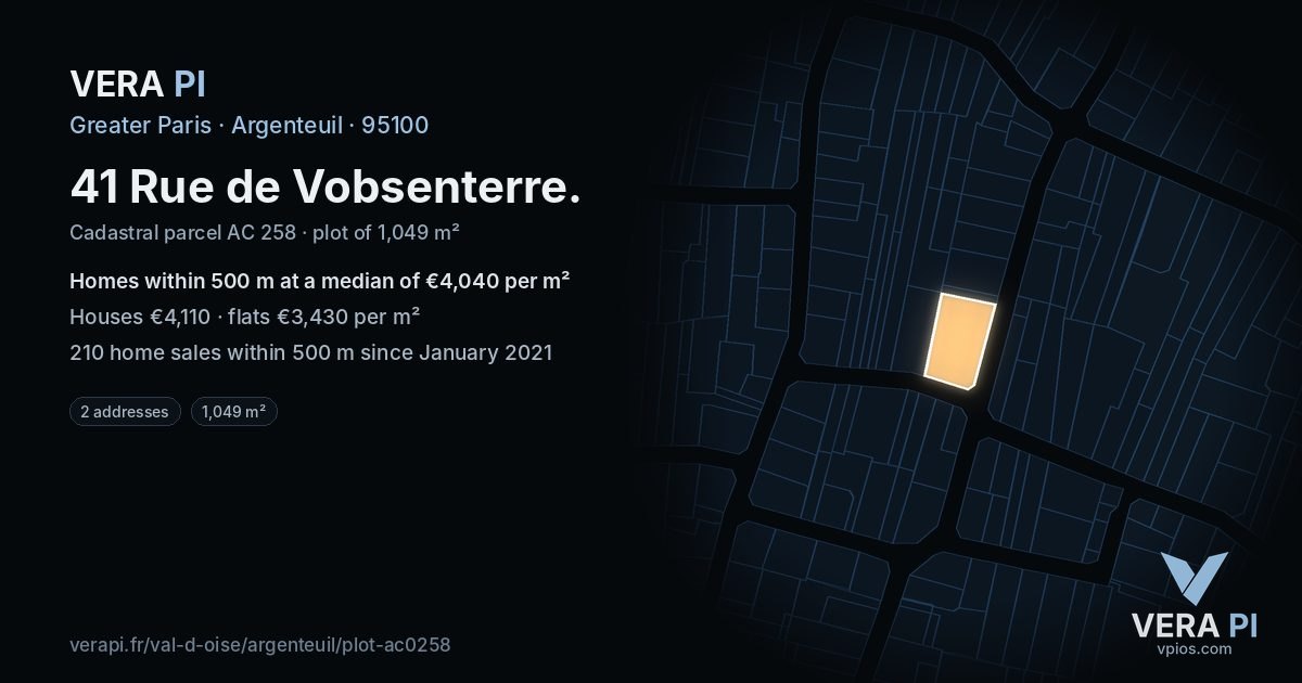 41 Rue de Vobsenterre, Argenteuil at night – the plot lit, the parcels around coloured by the prices near them