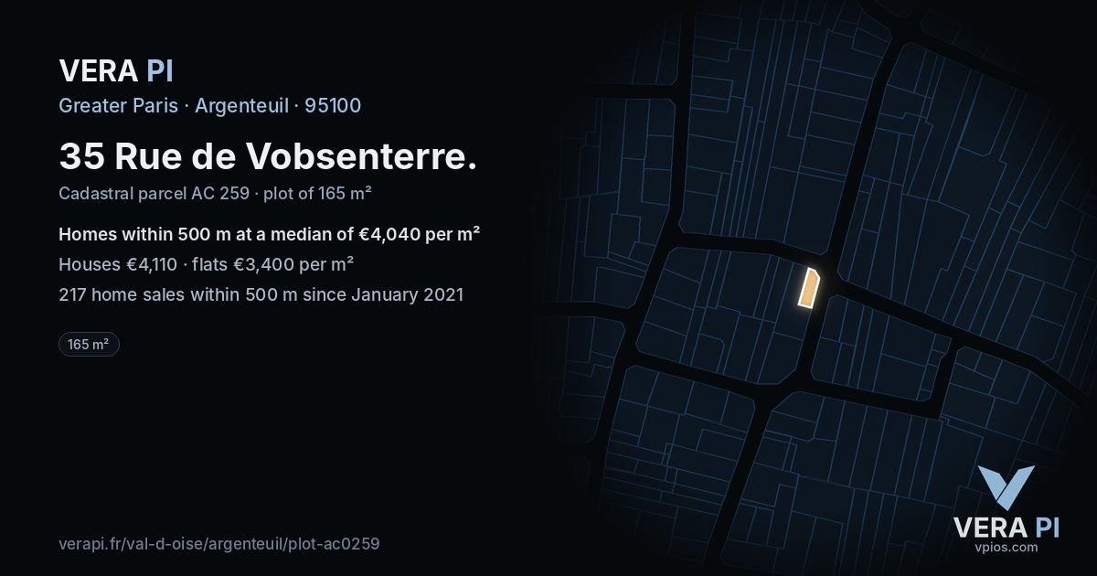 35 Rue de Vobsenterre, Argenteuil at night – the plot lit, the parcels around coloured by the prices near them