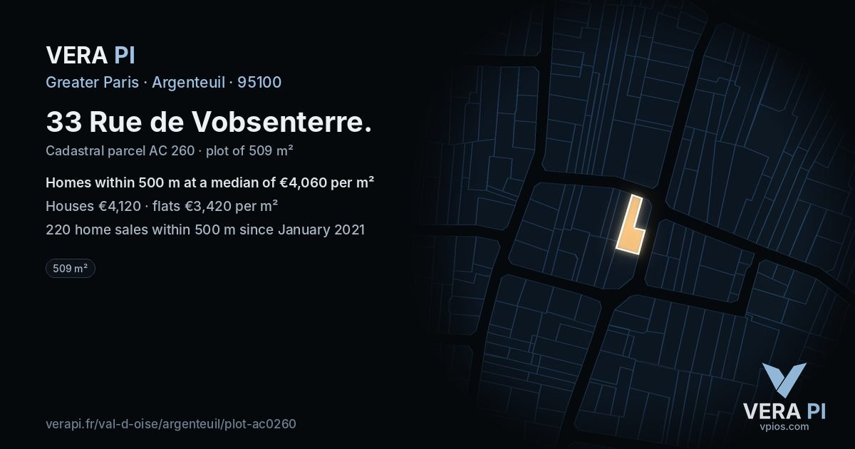 33 Rue de Vobsenterre, Argenteuil at night – the plot lit, the parcels around coloured by the prices near them