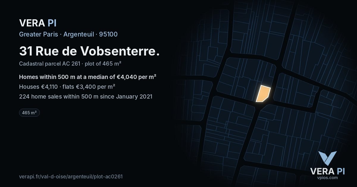 31 Rue de Vobsenterre, Argenteuil at night – the plot lit, the parcels around coloured by the prices near them