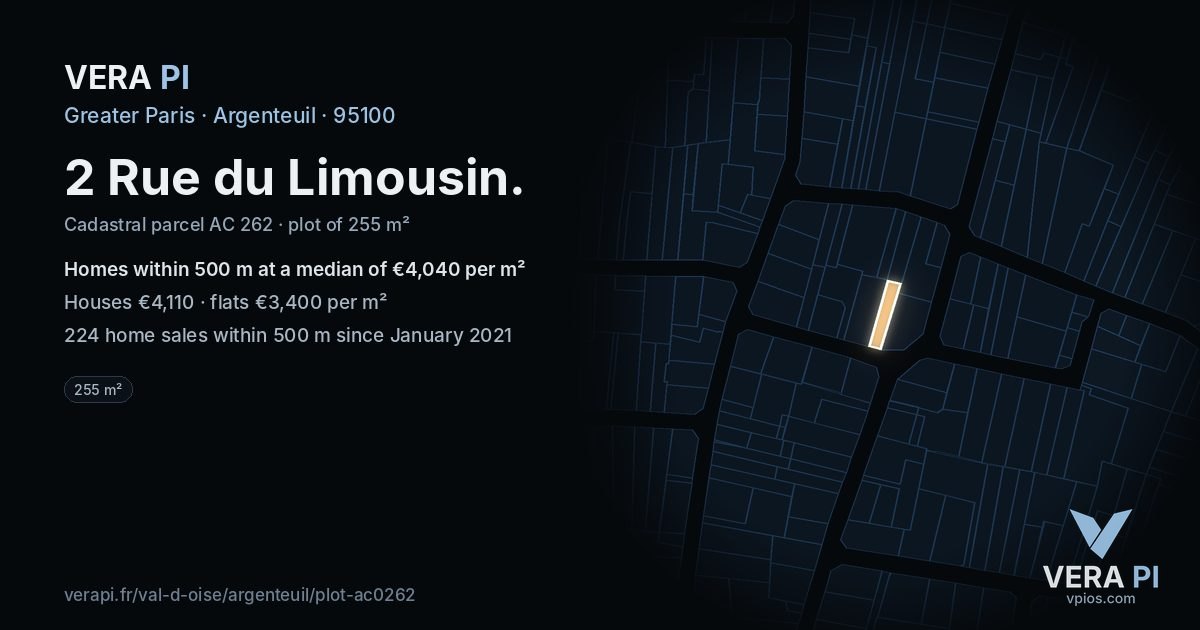 2 Rue du Limousin, Argenteuil at night – the plot lit, the parcels around coloured by the prices near them