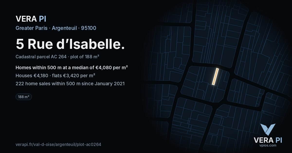 5 Rue d’Isabelle, Argenteuil at night – the plot lit, the parcels around coloured by the prices near them