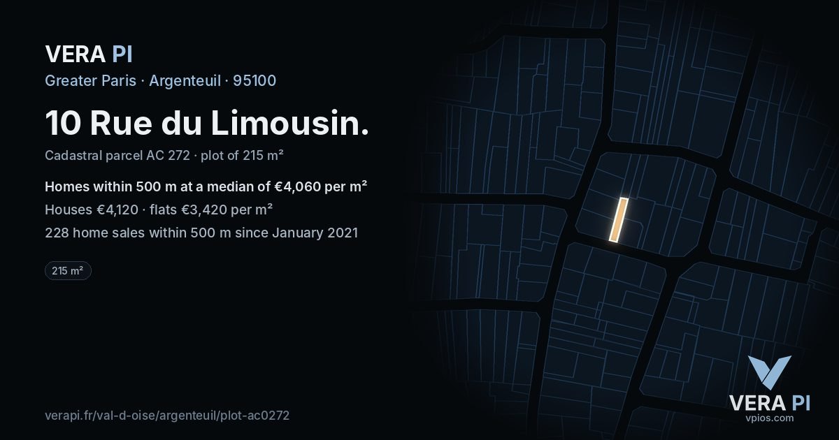 10 Rue du Limousin, Argenteuil at night – the plot lit, the parcels around coloured by the prices near them