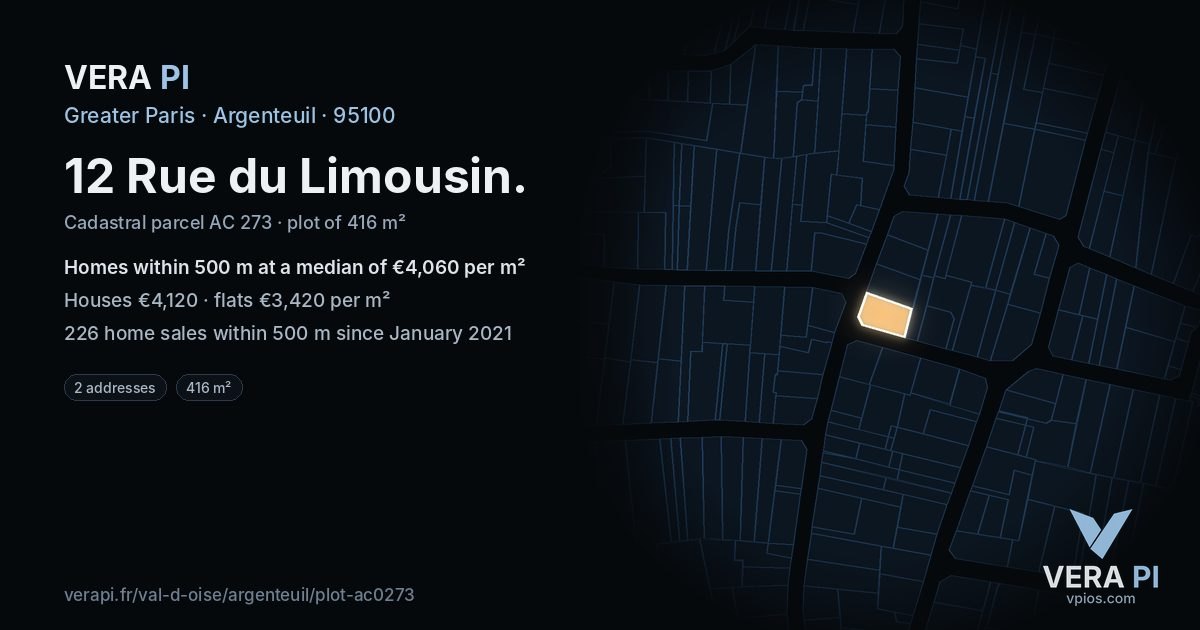 12 Rue du Limousin, Argenteuil at night – the plot lit, the parcels around coloured by the prices near them