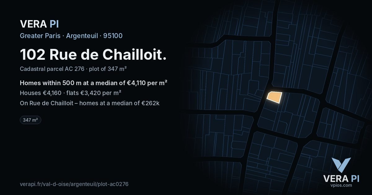 102 Rue de Chailloit, Argenteuil at night – the plot lit, the parcels around coloured by the prices near them