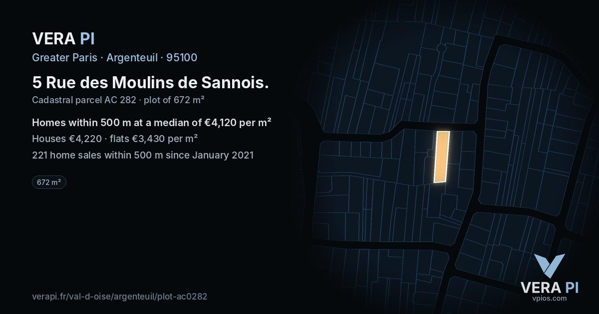 5 Rue des Moulins de Sannois, Argenteuil at night – the plot lit, the parcels around coloured by the prices near them