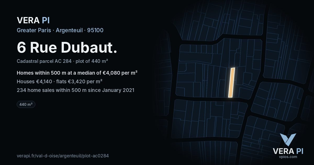 6 Rue Dubaut, Argenteuil at night – the plot lit, the parcels around coloured by the prices near them