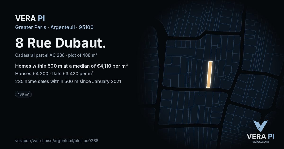 8 Rue Dubaut, Argenteuil at night – the plot lit, the parcels around coloured by the prices near them