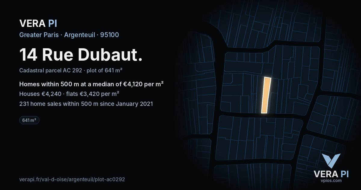 14 Rue Dubaut, Argenteuil at night – the plot lit, the parcels around coloured by the prices near them
