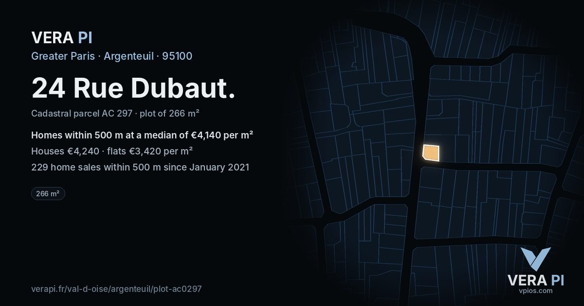 24 Rue Dubaut, Argenteuil at night – the plot lit, the parcels around coloured by the prices near them