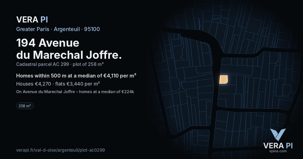 194 Avenue du Marechal Joffre, Argenteuil at night – the plot lit, the parcels around coloured by the prices near them