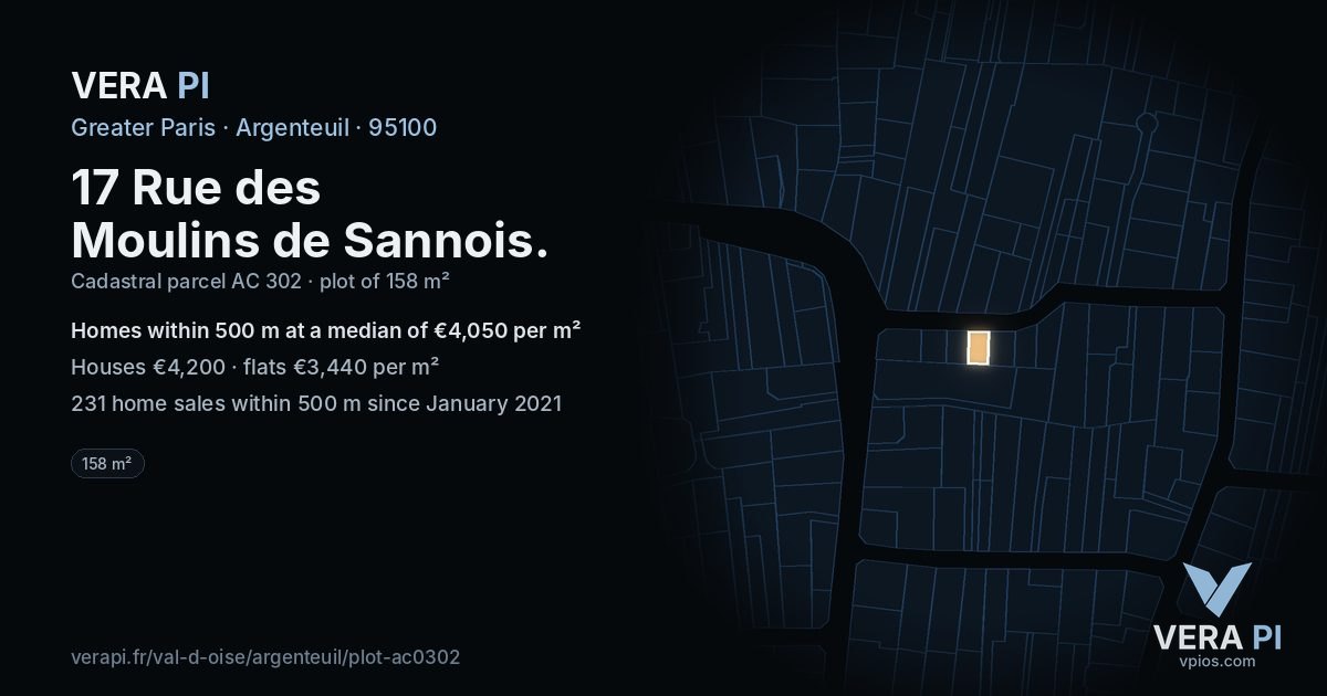 17 Rue des Moulins de Sannois, Argenteuil at night – the plot lit, the parcels around coloured by the prices near them