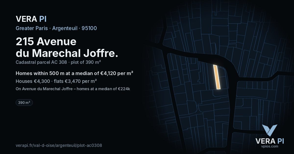 215 Avenue du Marechal Joffre, Argenteuil at night – the plot lit, the parcels around coloured by the prices near them