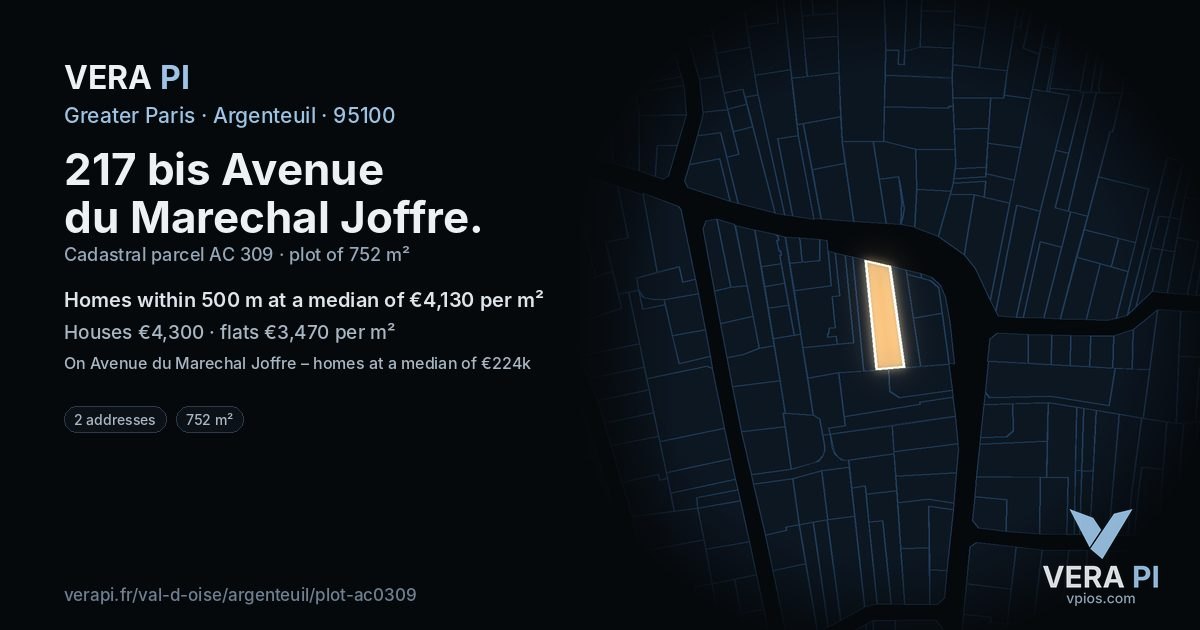 217 bis Avenue du Marechal Joffre, Argenteuil at night – the plot lit, the parcels around coloured by the prices near them