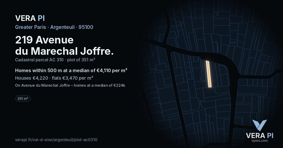 219 Avenue du Marechal Joffre, Argenteuil at night – the plot lit, the parcels around coloured by the prices near them