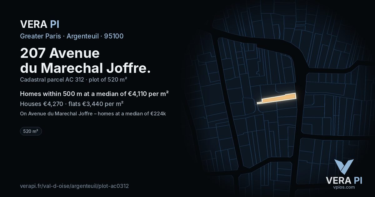 207 Avenue du Marechal Joffre, Argenteuil at night – the plot lit, the parcels around coloured by the prices near them