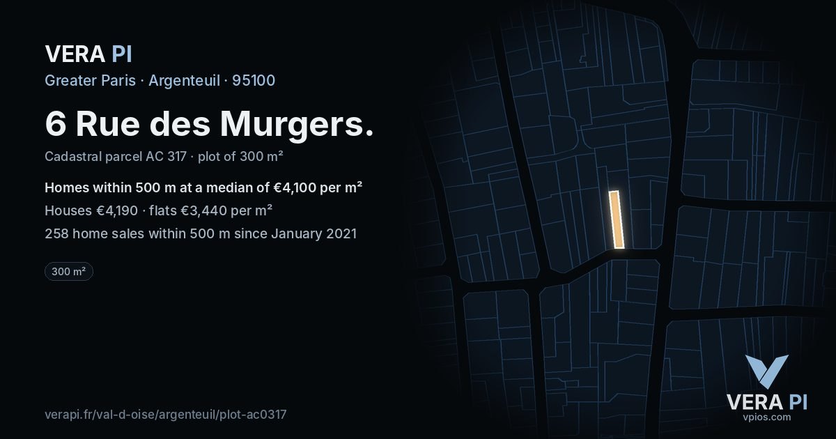 6 Rue des Murgers, Argenteuil at night – the plot lit, the parcels around coloured by the prices near them