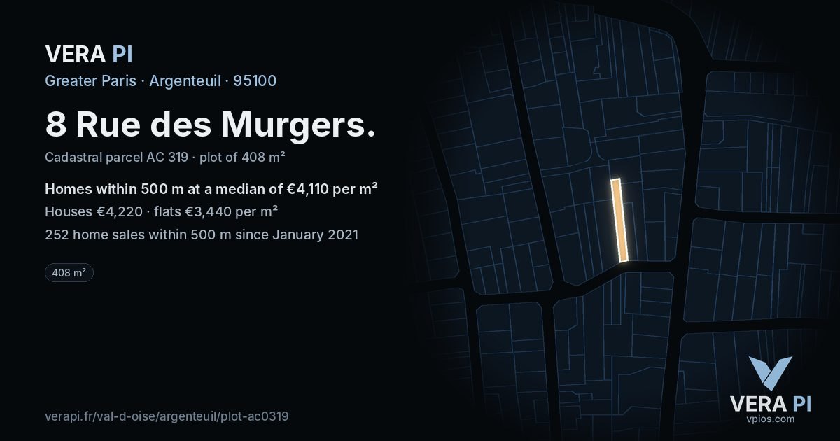 8 Rue des Murgers, Argenteuil at night – the plot lit, the parcels around coloured by the prices near them