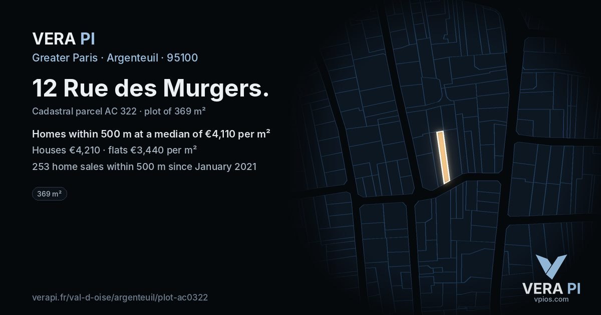 12 Rue des Murgers, Argenteuil at night – the plot lit, the parcels around coloured by the prices near them