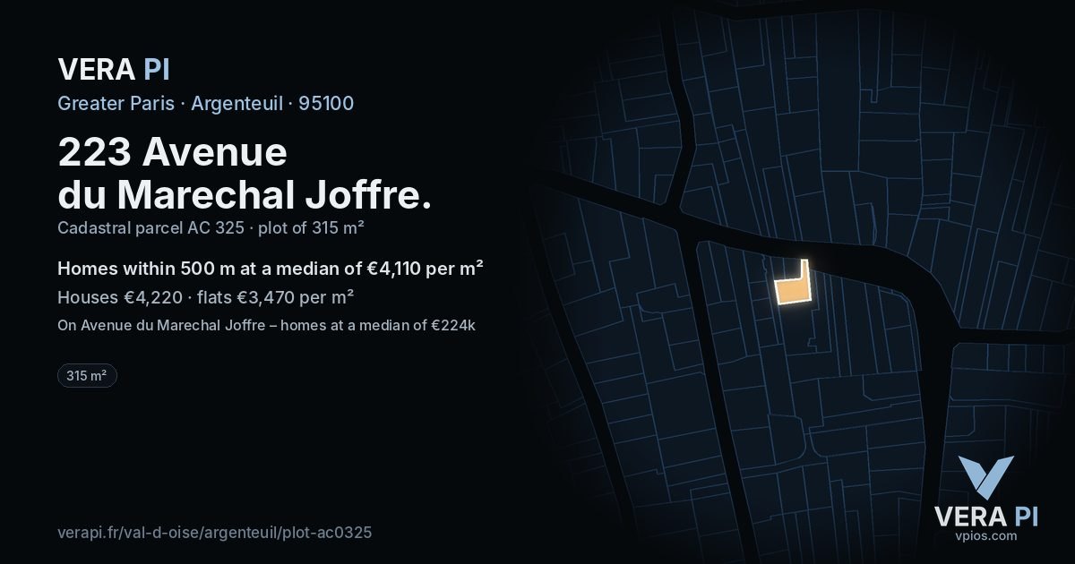 223 Avenue du Marechal Joffre, Argenteuil at night – the plot lit, the parcels around coloured by the prices near them