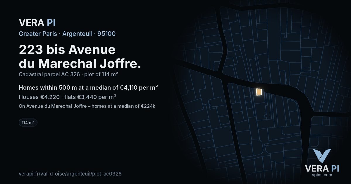 223 bis Avenue du Marechal Joffre, Argenteuil at night – the plot lit, the parcels around coloured by the prices near them