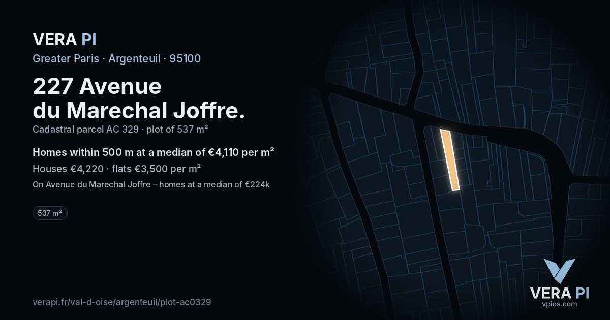 227 Avenue du Marechal Joffre, Argenteuil at night – the plot lit, the parcels around coloured by the prices near them