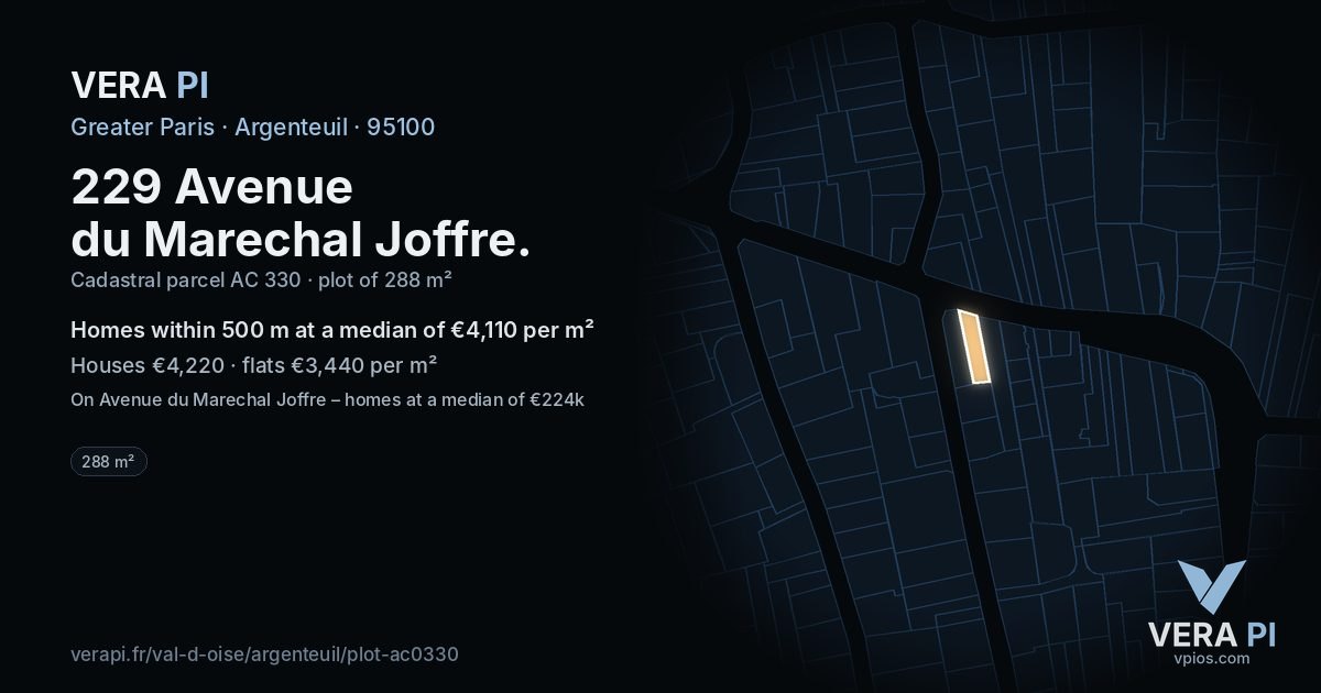 229 Avenue du Marechal Joffre, Argenteuil at night – the plot lit, the parcels around coloured by the prices near them