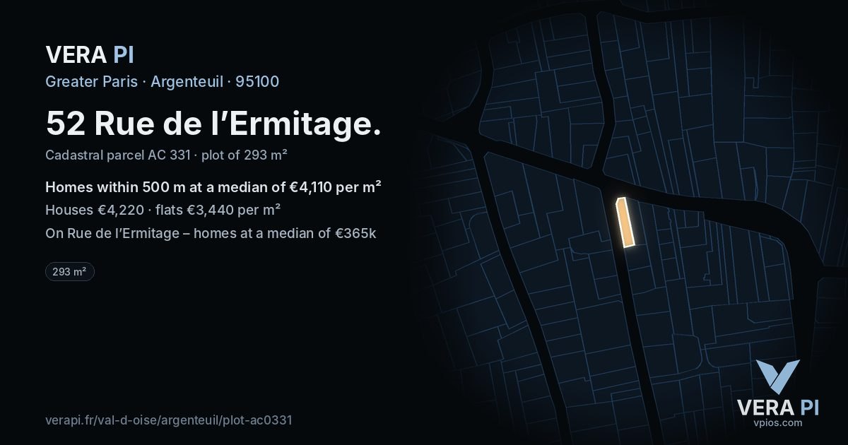 52 Rue de l’Ermitage, Argenteuil at night – the plot lit, the parcels around coloured by the prices near them