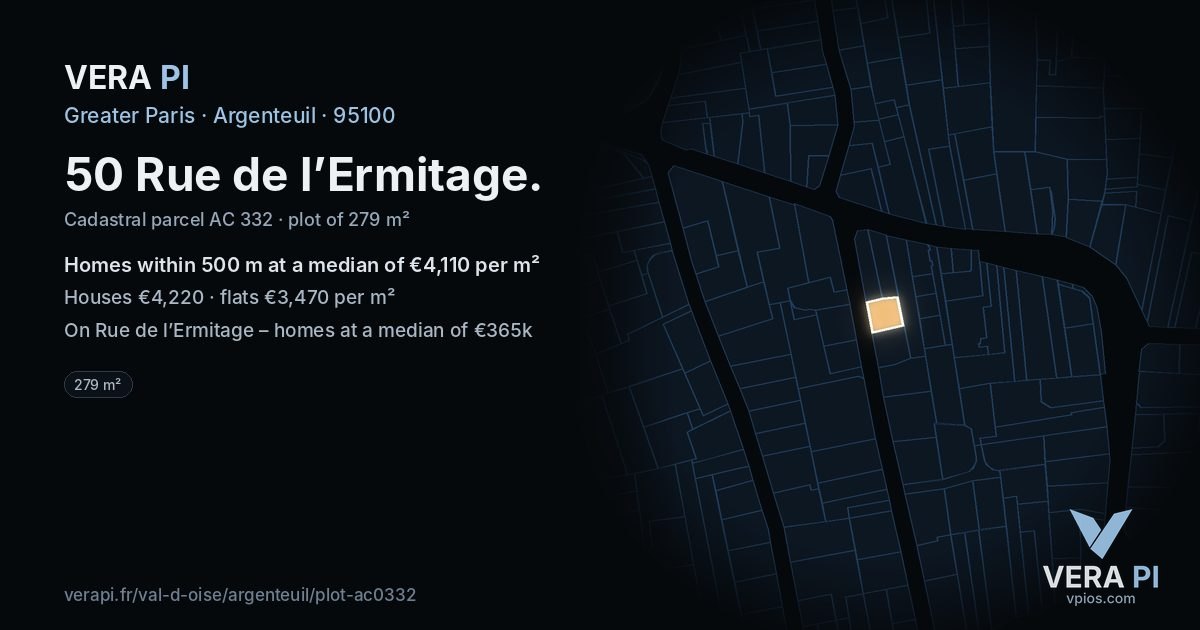 50 Rue de l’Ermitage, Argenteuil at night – the plot lit, the parcels around coloured by the prices near them