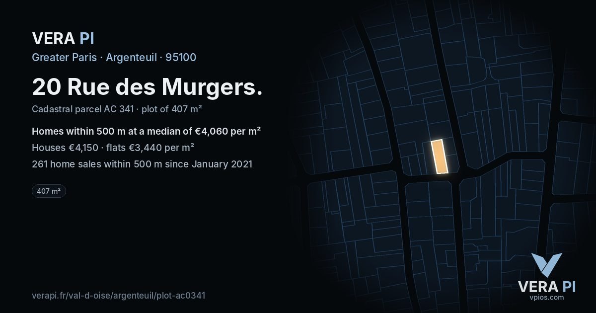20 Rue des Murgers, Argenteuil at night – the plot lit, the parcels around coloured by the prices near them