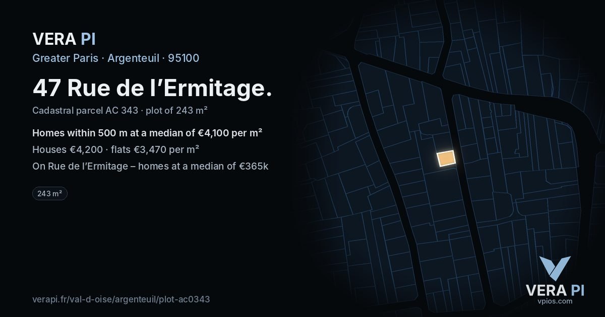 47 Rue de l’Ermitage, Argenteuil at night – the plot lit, the parcels around coloured by the prices near them