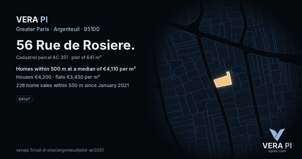 56 Rue de Rosiere, Argenteuil at night – the plot lit, the parcels around coloured by the prices near them