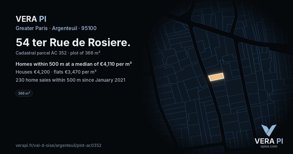 54 ter Rue de Rosiere, Argenteuil at night – the plot lit, the parcels around coloured by the prices near them