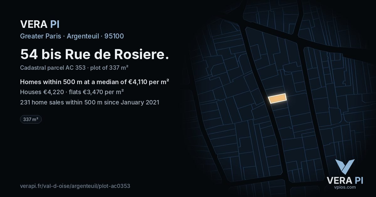 54 bis Rue de Rosiere, Argenteuil at night – the plot lit, the parcels around coloured by the prices near them