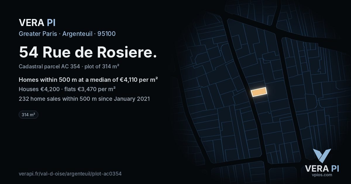 54 Rue de Rosiere, Argenteuil at night – the plot lit, the parcels around coloured by the prices near them