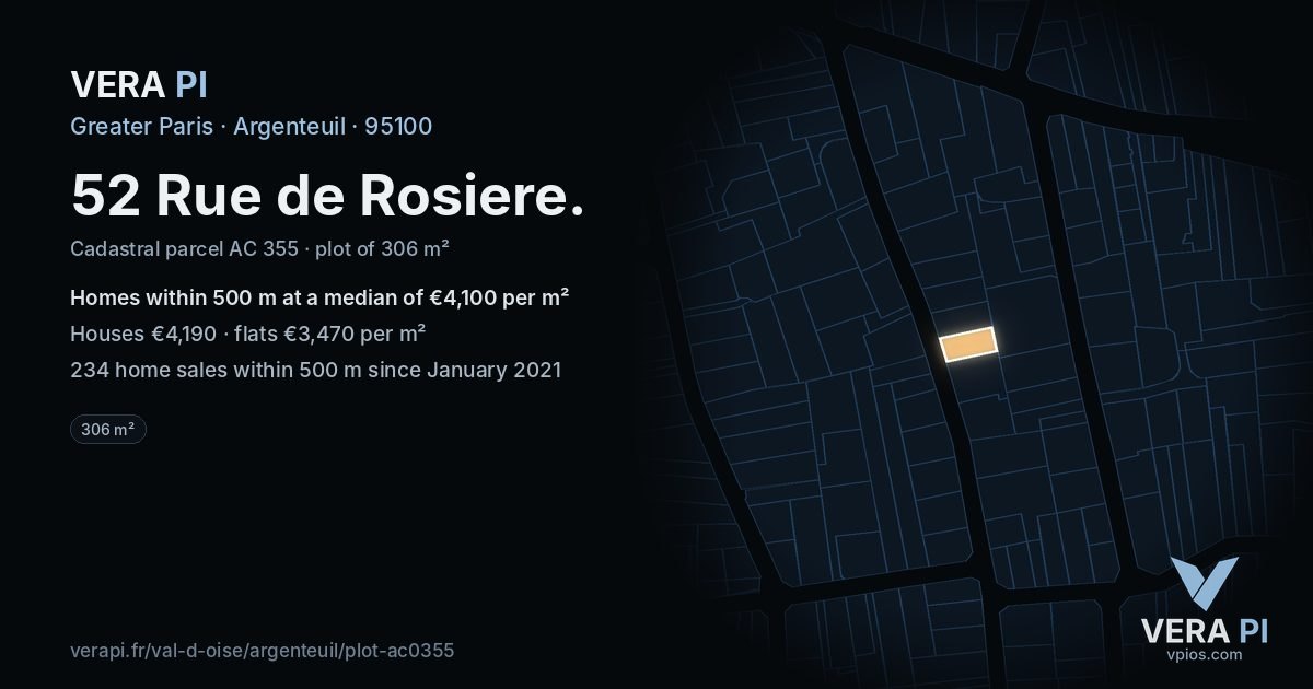 52 Rue de Rosiere, Argenteuil at night – the plot lit, the parcels around coloured by the prices near them