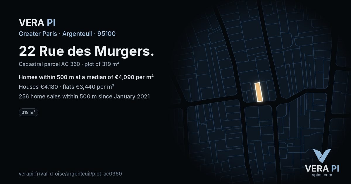 22 Rue des Murgers, Argenteuil at night – the plot lit, the parcels around coloured by the prices near them